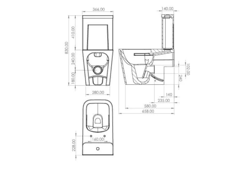 Saneux Matteo Close Coupled Left Hand Soil Exit Wc Pan - Rimless technical drawing - Image 2