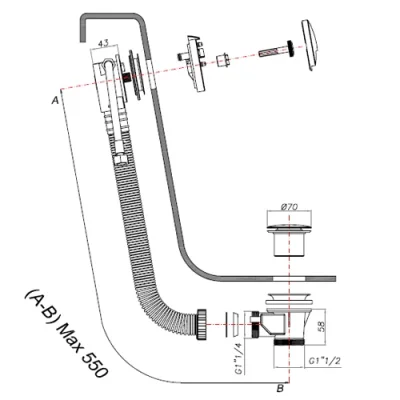 Crosswater Bath Extended Click Clack Waste With Filler 100cm technical drawing - Image 3