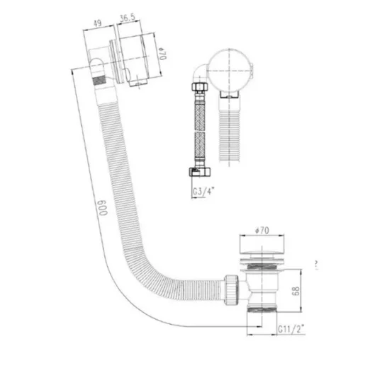 Just Taps Extended Exofil With Click Clack Bath Waste Brushed Black technical drawing - Image 2