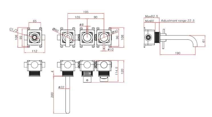 Ava Trend Thermostatic 4 Hole Wall Mounted Bath Shower Mixer 3.0 (not Compatible With Backplate) - Brushed Stainless Steel technical drawing - Image 2