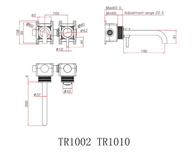 Ava Trend 2 Hole Wall Mounted Basin Mixer W/ Flanges 3.0 (not Compatible With Backplate) - Brushed Brass technical drawing - Image 3