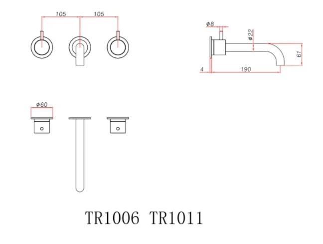 Ava Trend 3 Hole Wall Mounted Basin Mixer W/ Flanges (not Compatible With Backplate) - Brushed Brass technical drawing - Image 4