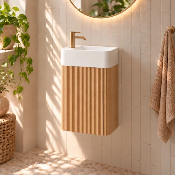 Faeber Lunar Cloakroom Curved Fluted Vanity Unit 450mm - Oak - Left