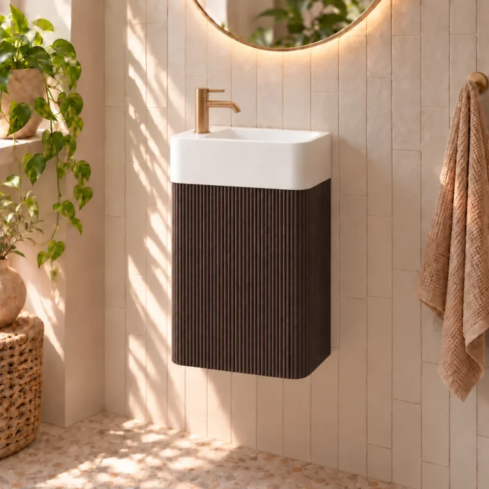 Faeber Lunar Cloakroom Curved Fluted Vanity Unit 450mm - Black Walnut - Left detail view - Image 2