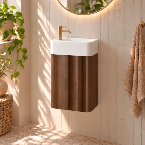Faeber Lunar Cloakroom Curved Fluted Vanity Unit 450mm - Walnut - Left