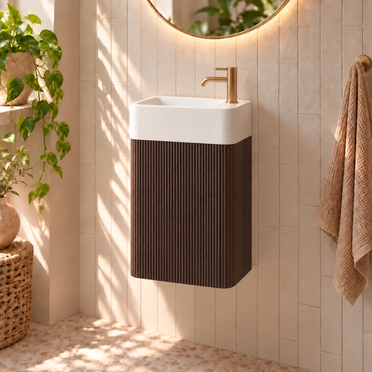 Faeber Lunar Cloakroom Curved Fluted Vanity Unit 450mm - Black Walnut - Right