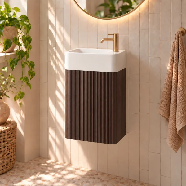 Faeber Lunar Cloakroom Curved Fluted Vanity Unit 450mm - Black Walnut - Right