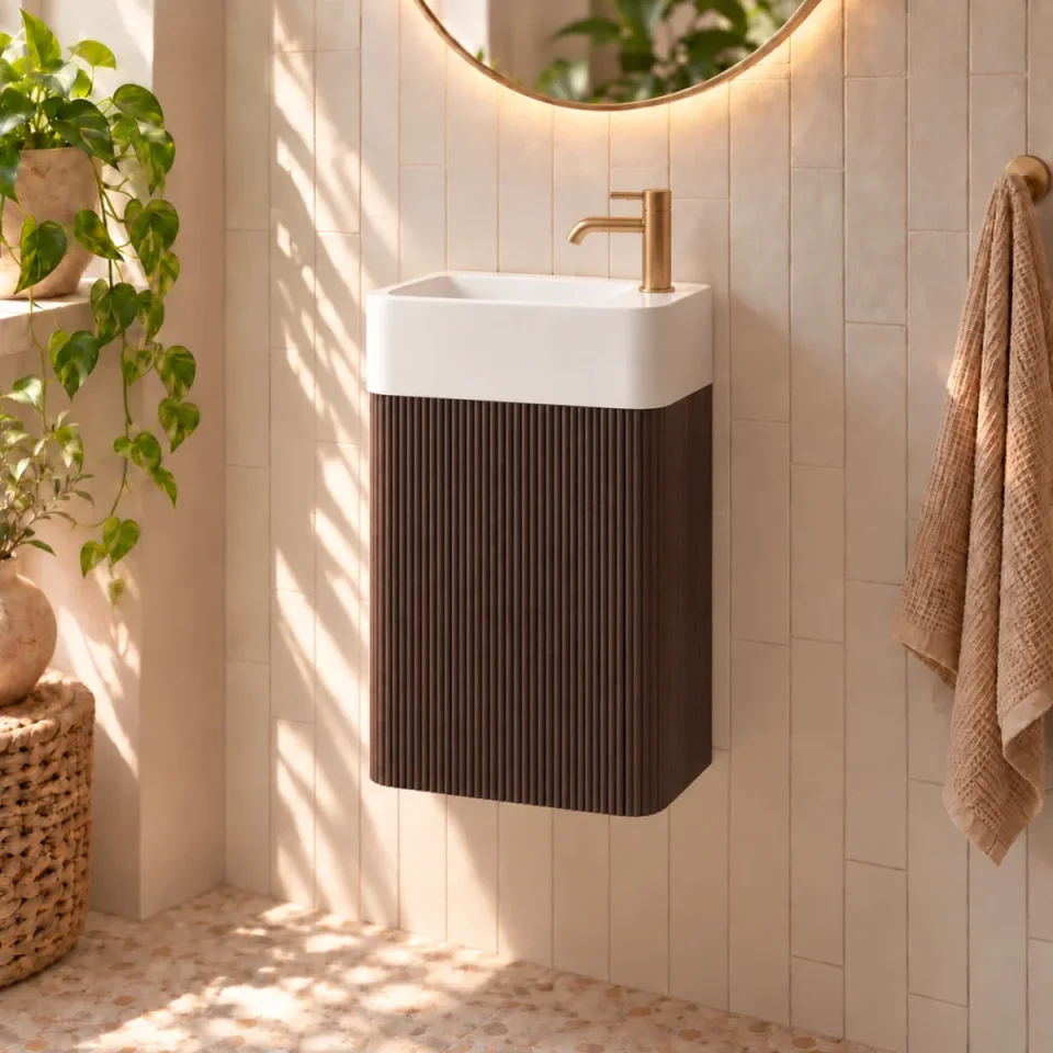 Faeber Lunar Cloakroom Curved Fluted Vanity Unit 450mm - Black Walnut - Right product image - Image 1