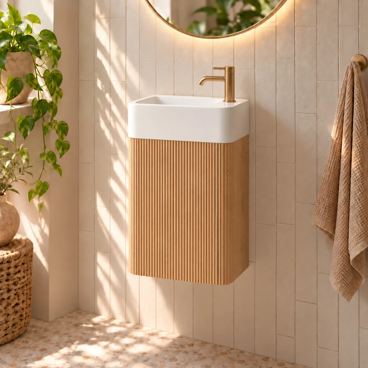 Faeber Lunar Cloakroom Curved Fluted Vanity Unit 450mm - Oak - Right