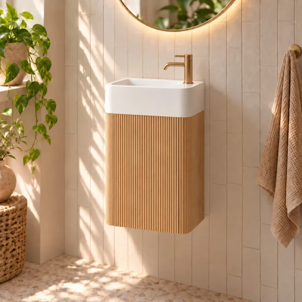 Faeber Lunar Cloakroom Curved Fluted Vanity Unit 450mm - Oak - Right