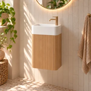 Faeber Lunar Cloakroom Curved Fluted Vanity Unit 450mm - Oak - Right
