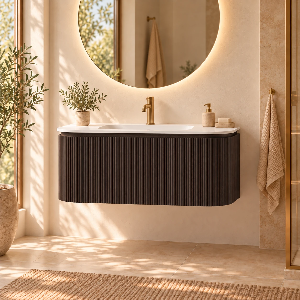 Faeber Lunar 3 Drawer Curved Fluted Vanity Unit 1000mm - Black Walnut