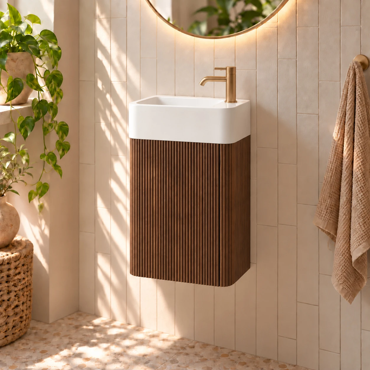 Faeber Lunar Cloakroom Curved Fluted Vanity Unit 450mm - Walnut - Right