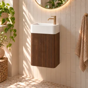 Faeber Lunar Cloakroom Curved Fluted Vanity Unit 450mm - Walnut - Right