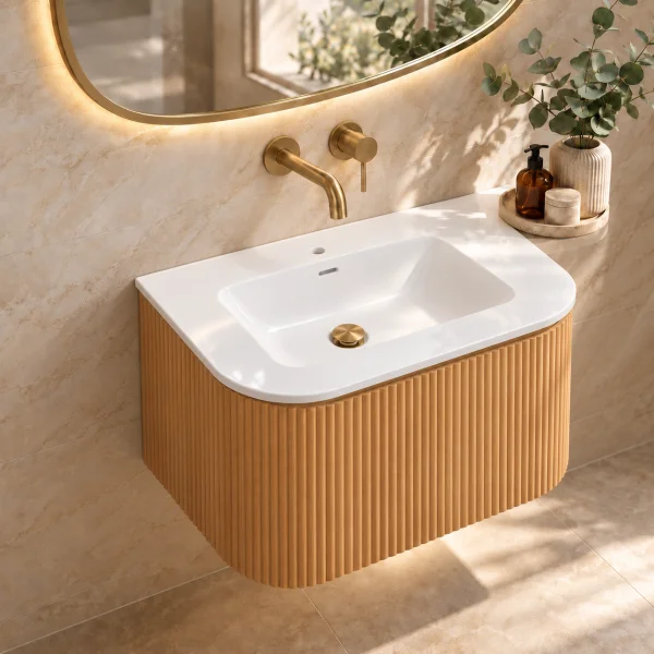 Faeber Lunar 1 Drawer Curved Fluted Vanity Unit 600mm - Oak
