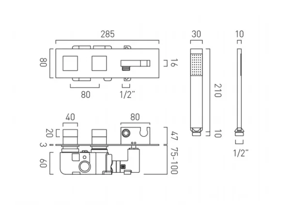 Vado Tablet Notion 2 Outlet 2 Handle Concealed Thermostatic Valve With Integrated Outlet Handset And Hose Chrome technical drawing - Image 2