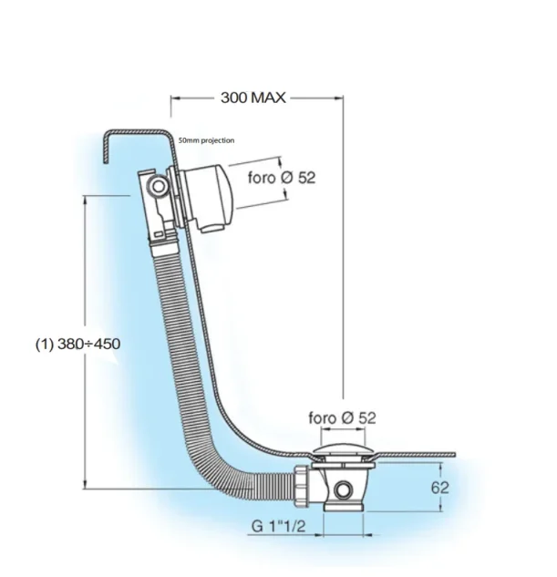 Crosswater Bath Click Clack Waste With Filler Chrome technical drawing - Image 4