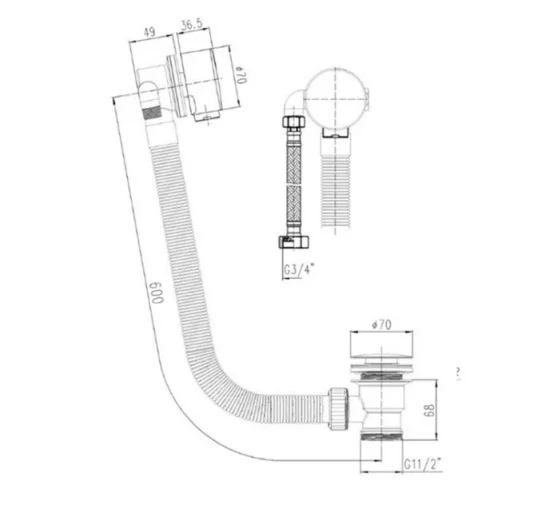 Just Taps Vos Click Clack Bath Filler Matt Black technical drawing - Image 2