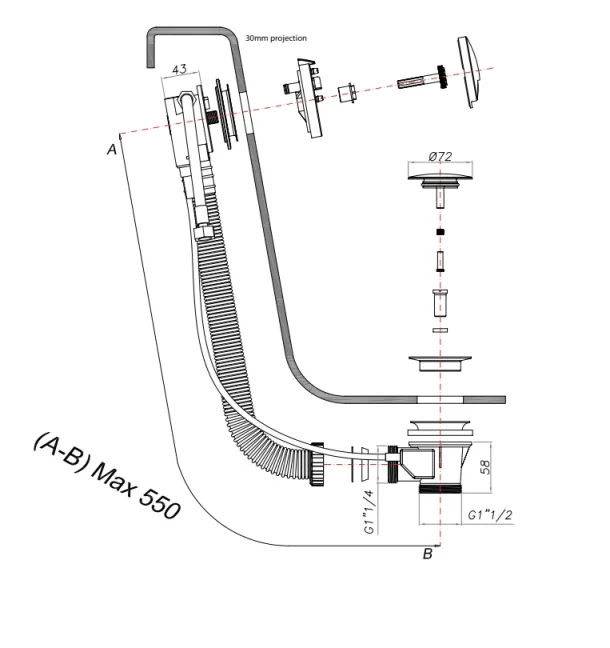 Crosswater Bath Pop-up-waste With Filler Chrome technical drawing - Image 3