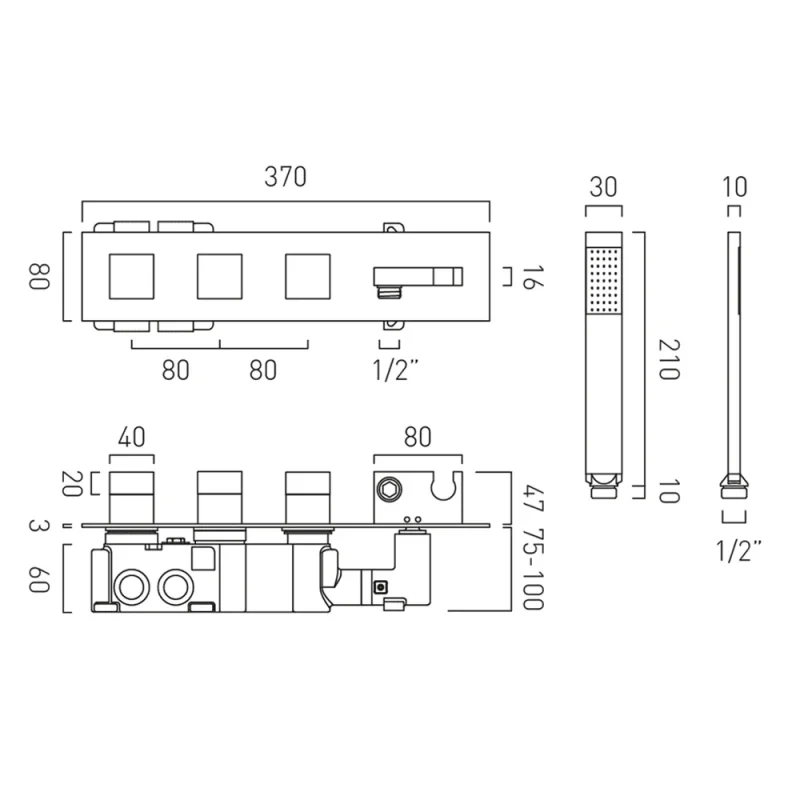 Vado Tablet Notion 3 Outlet 3 Handle Concealed Thermostatic Valve With Integrated Outlet Handset And Hose Chrome technical drawing - Image 2