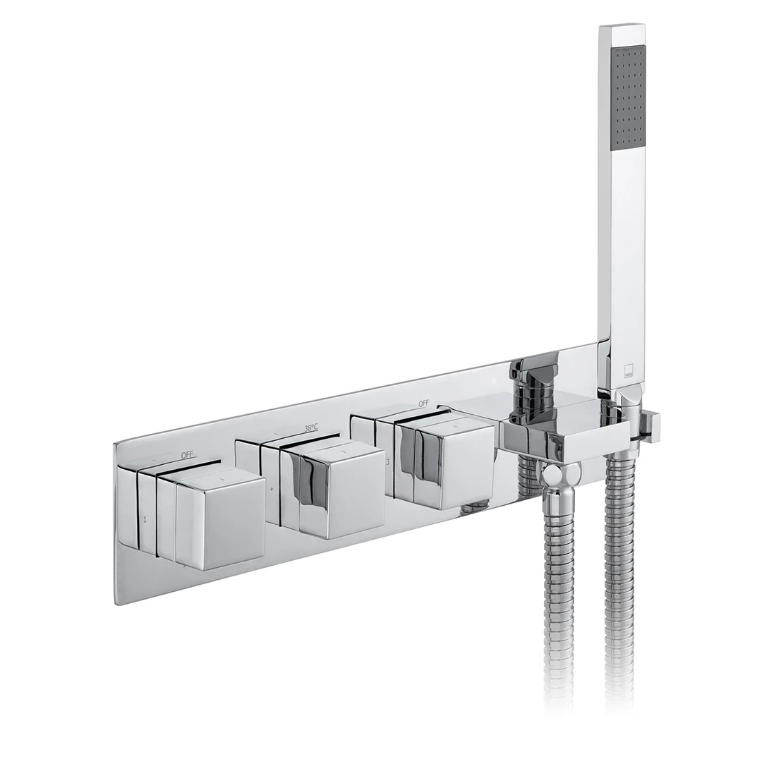 Vado Tablet Notion 3 Outlet 3 Handle Concealed Thermostatic Valve With Integrated Outlet Handset And Hose Chrome Plated