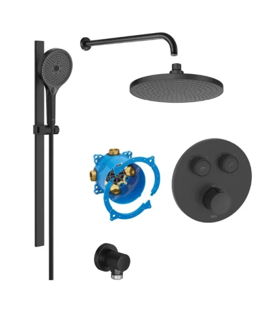 Roca T-3000 Round Built In 2 Outlet Thermostatic Shower Mixer, Head, Arm & Handset Pack - Matt Black product image - Image 1