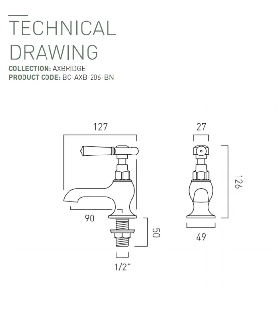 Booth & Co. Basin Pillar Taps Bright Nickel & Crackled White technical drawing - Image 2