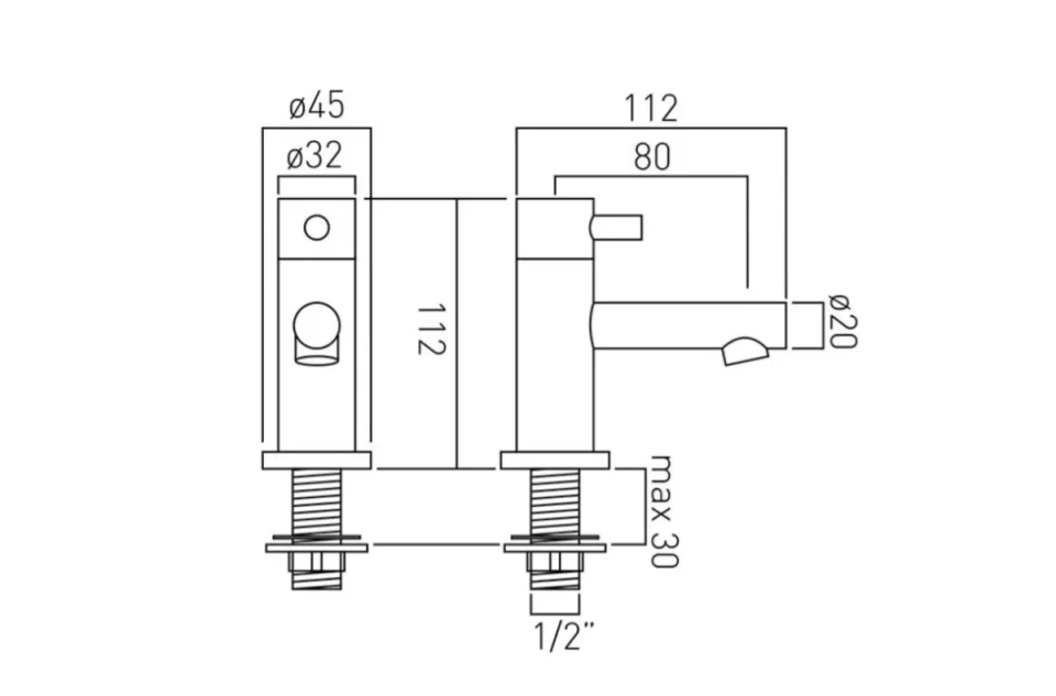 Vado Zoo Basin Pillar Taps Deck Mounted Chrome technical drawing - Image 2