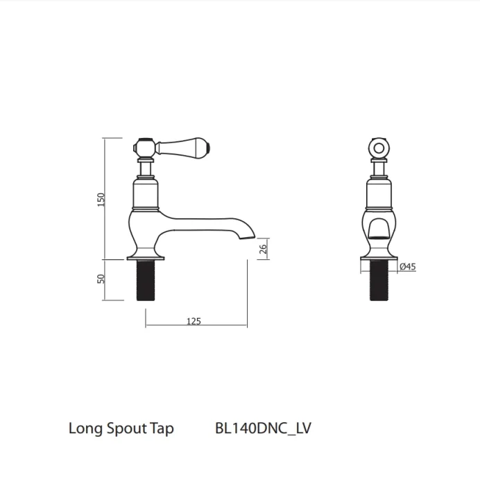 Crosswater Belgravia Lever Long Nose Basin Taps No Waste Deck Mounted Chrome White Lever technical drawing - Image 2