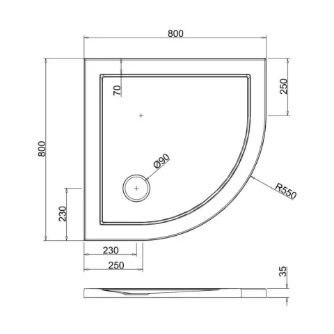 Crosswater Quadrant 35mm Acrylic Shower Tray 800mm technical drawing - Image 3