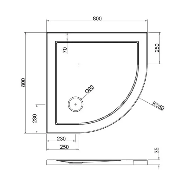Crosswater Quadrant 35mm Acrylic Shower Tray 800mm technical drawing - Image 3