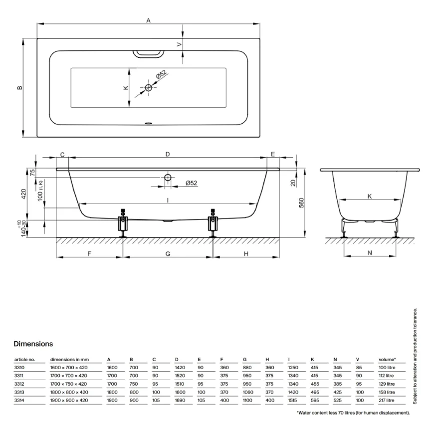 Bette One Double Ended Bath with Overflow White (Feet Included) - Image 6