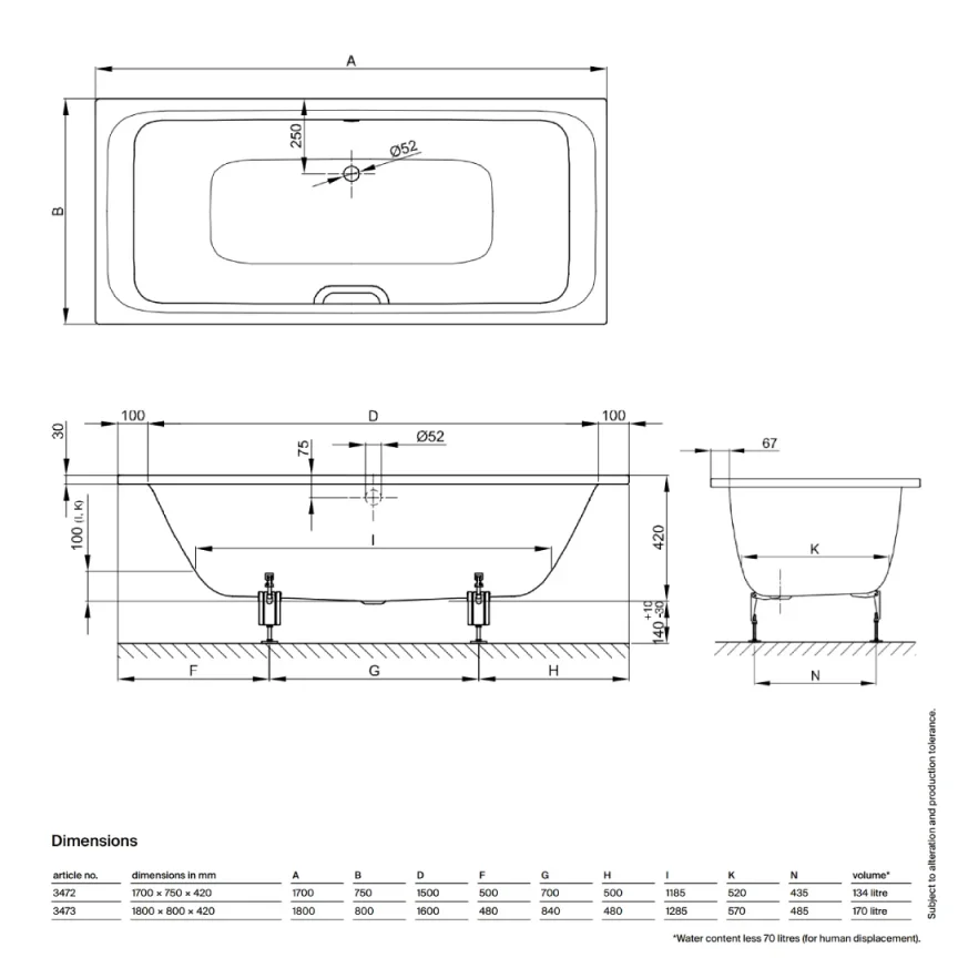 Bette Select Duo Double Ended Bath with Overflow White (Feet Included) - Image 5