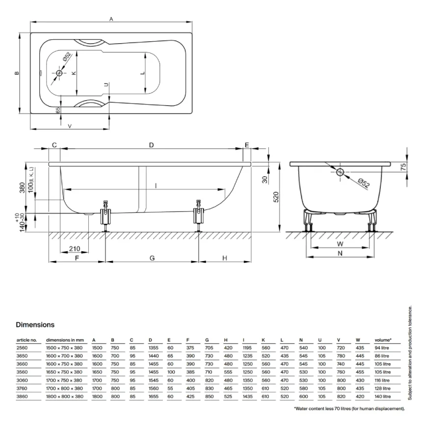 Bette Set Single Ended Shower Bath Foot end Overflow White (Multiple Sizes) - Image 4