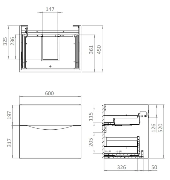 Crosswater Glide II 600mm Wall Mounted 2 Drawer Vanity Unit with Ceramic Basin Storm Grey Matt - Image 2