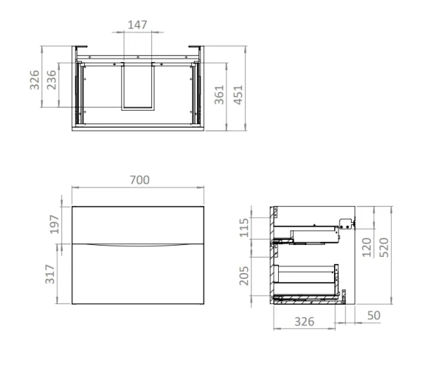 Crosswater Glide II 700mm Wall Mounted 2 Drawer Vanity Unit with Ceramic Basin Matt Black - Image 2