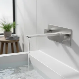 Ava Purity 3 Hole Wall Mounted Basin Mixer With Back Plate - Brushed Stainless Steel detail view - Image 2