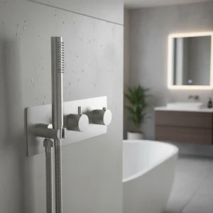 Ava Trend 2 Way 2 Handle Thermostatic Valve With Built In Hand Shower W/3 Hole Backplate - Brushed Stainless Steel detail view - Image 2