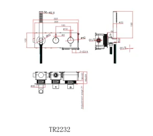 Ava Trend 2 Way 2 Handle Thermostatic Valve With Built In Hand Shower W/3 Hole Backplate - Brushed Stainless Steel technical drawing - Image 4