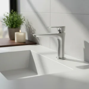 Ava Purity Deck Mounted Basin Mixer Monobloc - Brushed Stainless Steel detail view - Image 2