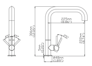 Crosswater Tube Side Lever Kitchen Mixer Brushed Stainless Steel technical drawing - Image 2