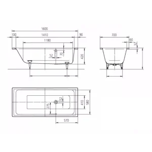 Kaldewei Puro 1600 X 700mm With Side Overflow (excl. Feet) technical drawing - Image 3