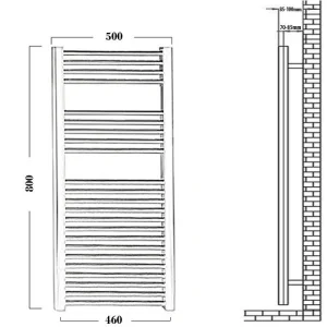 Reina Diva 500 X 800 Towel Radiator Chrome Flat technical drawing - Image 4