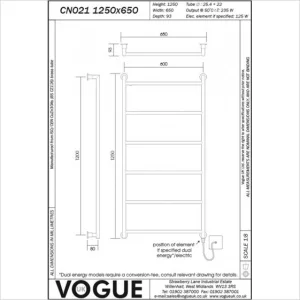 Vogue Vivid Towel Radiator Electric Only - Chrome 1250X650 technical drawing - Image 3