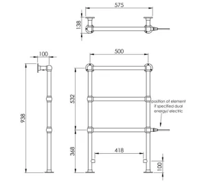 Vogue Ballerina FW - BR Towel Radiator Heating Only - Chrome 938X575 technical drawing - Image 4