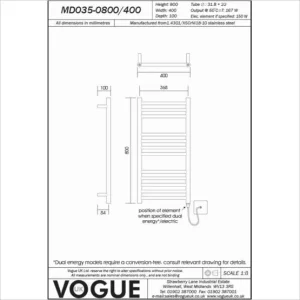 Vogue Chube Towel Radiator Heating Only - Polished Stainless Steel 800X400 detail view - Image 3