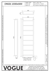 Vogue Vivid Towel Radiator Heating Only - Chrome 1550X500 technical drawing - Image 2