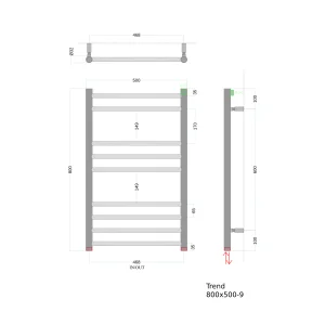 AVA Trend Ladder 800 x 500mm Brushed Brass PVD Stainless Steel Towel Rail technical drawing - Image 4