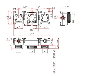 Ava Trend 4 Way 3 Handle Thermostat Valve W/Flange - Brushed Brass technical drawing - Image 4