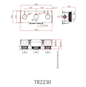 Ava Trend 2 Way 3 Handle Thermostatic Valve W/ Backplate - Brushed Brass technical drawing - Image 4